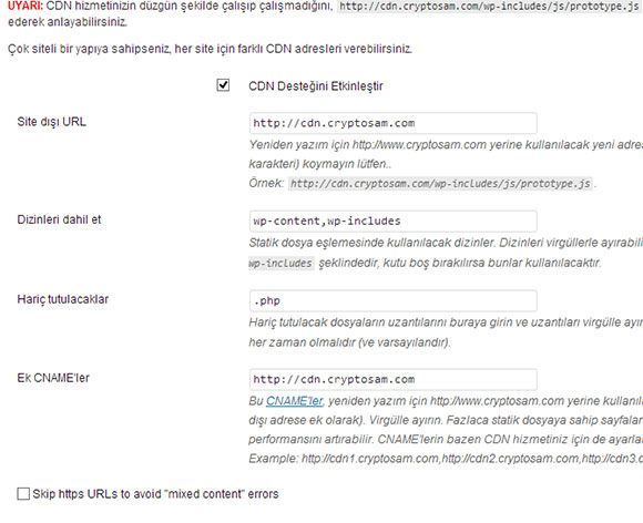 Wp Super Cache cdn ayarları