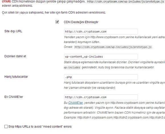 Wp Super Cache cdn ayarları