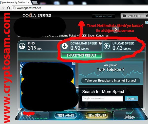 TTnet tarafından evimdeki internet hattıma verilen hattımdaki hız değeri