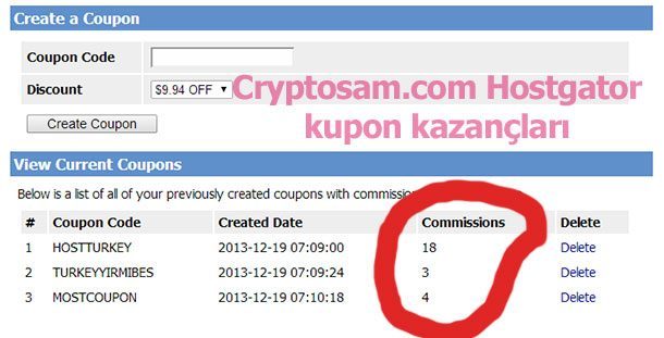 Hostgator' da sadece kuponlardan olan kazançlar.