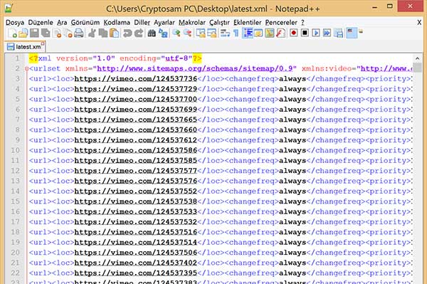 Sitemap dosyası üstteki gibi görünecek.